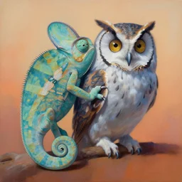 painting of hybrid between chameleon & owl, intercrossed animal, by zdzislaw beksinski, cold hue's, warm tone gradient background, concept art, beautiful composition, digital painting