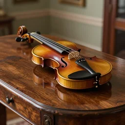 a violin on an ancient wood table in victorian house, close up view, 3/4 view, beautiful reflexions, detailed wooden table, photorealistic, photorealism, diffuse light, octane render