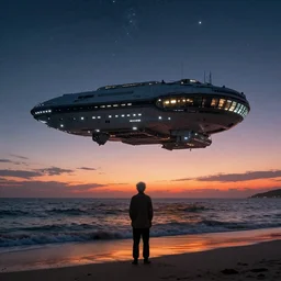 a giant glowing spaceship floating in the ocean, an old soul standing on the beach overlooking, sunset and colorful sky with many stars