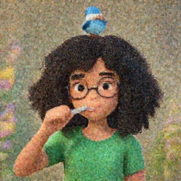 a girl with curly black hair wears a green shirt, she wears harry potter glasses, brushes her teeth, and there is a blue bird on her head,, studio ghibli, pixar and disney animation, sharp, rendered in redshift and unreal engine 5 by greg rutkowski, bloom