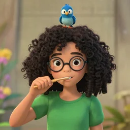 a girl with curly black hair wears a green shirt, she wears harry potter glasses, brushes her teeth, and there is a blue bird on her head,, studio ghibli, pixar and disney animation, sharp, rendered in redshift and unreal engine 5 by greg rutkowski, bloom
