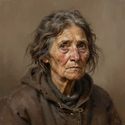 brown complementary colours, painted portrait of rugged old homeless woman by ruan jia greg rutkowski, unkempt hair, clear face feminine female mature sensual beautiful homeless fantasy intricate elegant detailed digital painting, concept art artstation sharp focus illustration