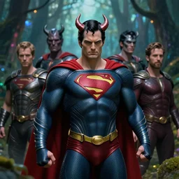 5 5 mm portrait photo of an armored demonic superman in a magical forest. magical atmosphere. art by greg rutkowski and luis royo. highly detailed 8 k. intricate. lifelike. soft light. nikon d 8 5 0.
