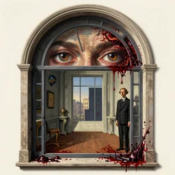window eyes portal arch, blood enriched by iron, penetrated and scorched, one must withhold he celebrated his doom, avant garde post - morden monumental dynamic interior portrait by magritte and edward hopper, illusion surreal art, highly conceptual figurative art, intricate detailed illustration, controversial poster art