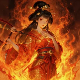 japanese fire goddess, d & d, and red yellow orange palette, highly detailed, digital painting, artstation, concept art, sharp focus, illustration, cinematic lighting, art by artgerm and greg rutkowski and alphonse mucha