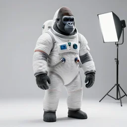 studio photo still full body gorilla wearring a space suit, 8 k, studio lighting, key light from right side,