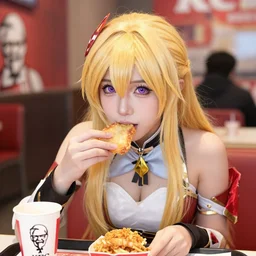 portrait photo still of adorable!!!! real life lucina!!! fire emblem!! eating in a kfc, 8 k, 8 5 mm f 1. 8
