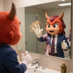 4 5 mm 1 9 8 7 cooking food photography of an corporate mascot at a bathroom mirror summoning an anime demon girl, photography by tyler mitchell johfra bosschart