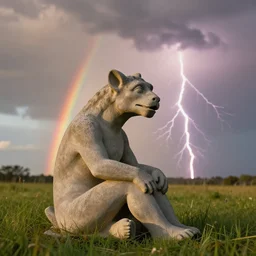 concrete gargoyle!!, sitting in the grass, lighting strikes!!!!, rainbows!!!! in the background, golden hour, 4 k, realistic photograph, 5 0 mm