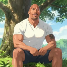 photorealistic Dwayne Johnson sitting under a tree, anime key visual, digital art, anime screenshot, kyoto animation, makoto shinkai, trending on artstation