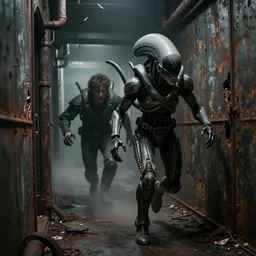 horror movie scene of someone in futuristic armor being chased down a hallway, xenomorph from alien chasing someone, rusty metal walls, broken pipes, dark colors, muted colors, tense atmosphere, mist floats in the air, amazing value control, dead space, moody colors, dramatic lighting, ussg ishimura, frank frazetta, h. r. giger