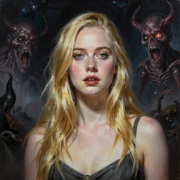 ultra realistic medium shot masterpiece portrait painting of elle fanning in the painted world of prey and bruce pennington, apocalypse, cosmic horror, artstation, art by frank frazetta, 4 k, ultra realistic, highly detailed, epic lighting