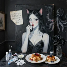 a portrait in a female artist's zen bedroom, black walls, catgirl eating berries, sheet music, surgical supplies, pancakes, black flowers, sensual, octopus, neo - expressionism, surrealism, acrylic and spray paint and oilstick on canvas