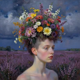 closeup, towering flowers as head mohawk, woman in heather field, surreal photography, starlight, storm clouds, impressionist painting, digital painting, artstation, simon stalenhag