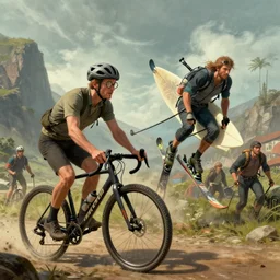 a man with round glasses and a helmet on a gravel bike fighting a man with skis and a surfboard, colourised, epic, tragic, fantasy, hd shot, digital portrait, beautiful, artstation, comic style, by artgerm, guy denning, jakub rozalski, magali villeneuve and charlie bowater
