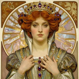 artwork by alphonse mucha, portrait of a young beautiful medieval queen, alexandrite