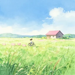 landscape, a girl, tall weeds, a bicycle, pigs, a cottage, gentle gradients, sunlit, blue sky, japanese countryside. green and pink and blue, bright pastel watercolour, by chihiro iwasaki