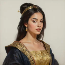 portrait painting of a stunning proud empress, artstation, mymodernmet, by brad kunkle, by amir ershadi, by ben enwonwu, by alphonse mucha, by soey milk, by sangsoo jeong, gold foil aureola, black dress of iridescent feathers, divine, saint, mixed media