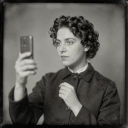 a daguerreotype of a woman taking a selfie with a cell phone.