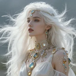 a beautiful white haired young woman, adorned with precious stones by jeremy mann and alphonse mucha, photo realistic, dynamic lighting, windy, artstation, poster, dreamy, volumetric lighting, ethereal, 4 k, high detail