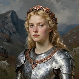 beautiful rugged saoirse ronan, blonde hair, wearing silver armour and copper ornate wreath, portrait, oil painting by titian, hard focus, masterpiece