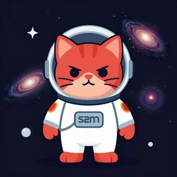 A serious-looking red cat wearing a space-suit, the background is inspired by two colliding galaxies, e-sports logo vector