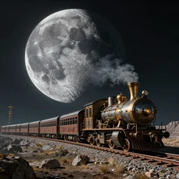 steampunk train flying towards the moon
