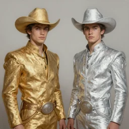 a dramatic ethereal epic symmetrical painting of handsome cowboy twins with one wearing gold and one wearing silver | tarot card, art deco, art nouveau, (steampunk), homoerotic, realistic | by Mark Maggiori and ((((Alphonse Mucha))) | trending on artstation
