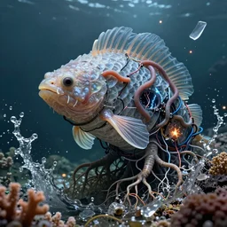 complex creature with semi-translucent scales gills and fins, covered in worms electronic wires, electricity worm hole, plastic sea wrapped, creature tree roots strangled, water splash, flowing, coral, glass debris pieces, dust particles, dramatic lighting, electronic wires, fire sparks, high resolution photo,