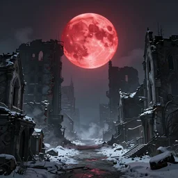 a ruined city in the style of aetherpunk, a snowy street, huge red moon, global illumination, smoke, detailed and intricate environment, mysterious