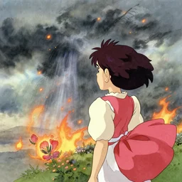 a wholesome animation key shot of nausicaa watching an approaching storm, studio ghibli, pixar and disney animation, sharp, disney concept art watercolor illustration by mandy jurgens and alphonse mucha and alena aenami, pastel color palette, ash, fire, hot glowing embers float, bloom, dramatic lighting