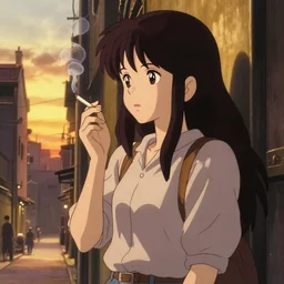 anime girl in dimly light golden gai smoking a cigarette during sunset, studio ghibli, 8 0 s anime, in the style of kimagure orange road, sprite, yu - no, nostalgic, artstation, 8 k