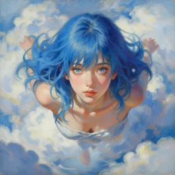 painting by krenz cushart!!, portrait of a beautiful blue hair girl floating in the clouds, finely detailed features, intricate brush strokes, beautiful lighting, trending on pixiv fanbox.