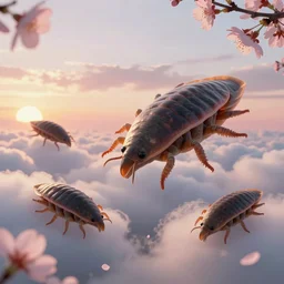 4 k film still of a 🌸🌸🌸🎎 tardigrade floating among the clouds during sunset, very detailed, photorealistic, realism, unreal engine, a tardigrade by gerard brom and gustav dorey