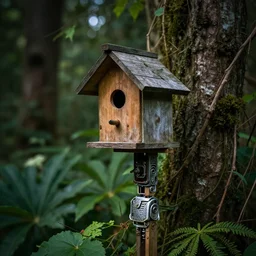 photo of a robot birdhouse in the forest with a lush garden, intricate, detailed, dramatic lighting