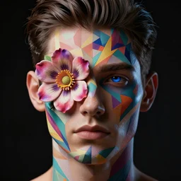 a handsome future man face, skin as colorful geometric patterns, half face masked by flower, intricate, symmetrical, volumetric dramatic light, dark black background, sharp focus, highly realistic, octane render