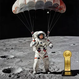 highly detailed painting of a man just landed on moon with parachute, moon craters, award winning masterpiece art, hyper realistic, concept art, 8 k detail post - processing