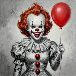 grunge cartoon painting of margot robbie with a wide smile and a red balloon by chris leib, loony toons style, pennywise style, corpse bride style, horror theme, detailed, elegant, intricate