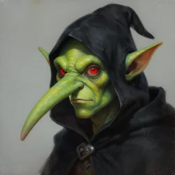 a detailed portrait painting of a green skinned goblin with tiny red eyes and a long nose. wearing a black pointy hood. green skin, tiny red eyes, sharp nose. dungeons and dragons character art, warcraft art, warhammer fantasy, in the style of tim hildebrandt