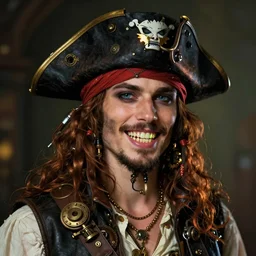 a portrait of a space pirate with neon teeth, retro, steampunk, smooth, sharp focus, concept art by artgerm and Mucha