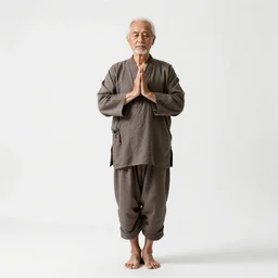 elderly yogi meditating, photorealistic portrait photography, full body, standing, isolated on a pure white background, centered, whole figure in frame, sharp focus, studio lighting