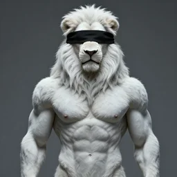 aesthetic portrait commission of a  of a male fully furry muscular anthro albino lion blindfolded in an asylumn horror art. Character design by charlie bowater, ross tran, artgerm, and makoto shinkai, detailed, inked, western comic book art, award winning film poster painting