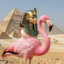 a pink flamingo, wearing an egyptian crown, atef, highly intricate, egyptian clothing, pyramids in the background, utopia, award winning art, trending on artstation