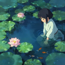 koi pond, lotus flowers, dark blue water, green lily pads, goldfish, a fantasy digital painting by makoto shinkai and James Gurney, trending on artstation,