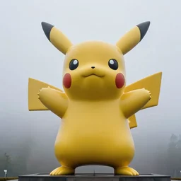 colossal pikachu statue, soviet statue, stone statue, foggy background