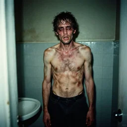 film photograph, a rugged, starving, tired man with extreme deformities standing in a bathroom, creepy, uncanny , dark lighting