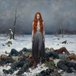 a suureal painting of a lonely woman with pale skin and long red hair standing over a pile of bodies in post - apocalyptic snowy landscape, surrealism, by zdzislaw beksinski, by dariusz zawadzki, by john jude palencar