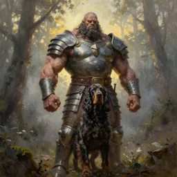 oil painting portrait , backlit epic pose muscular powerlifter mutant oversized cocker spaniel is wearing medieval armor , moody forest foggy background and sunset by greg rutkowski