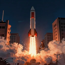 rocket launch through clouds, mads berg, karolis strautniekas, film noir, stippled light, dramatic lighting, editorial illustration, detailed, fine texture, matte print, art deco, brutalism, dark blue + dark orange, red, black, ( ( habitat 6 7 background ) )