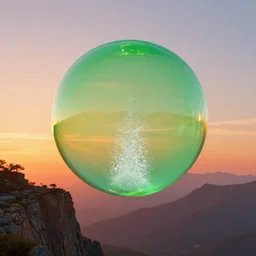 a green opaque bubble floating in the center of a sunset cliff, white particles going up inside the bubble, digital concept art, 4 k